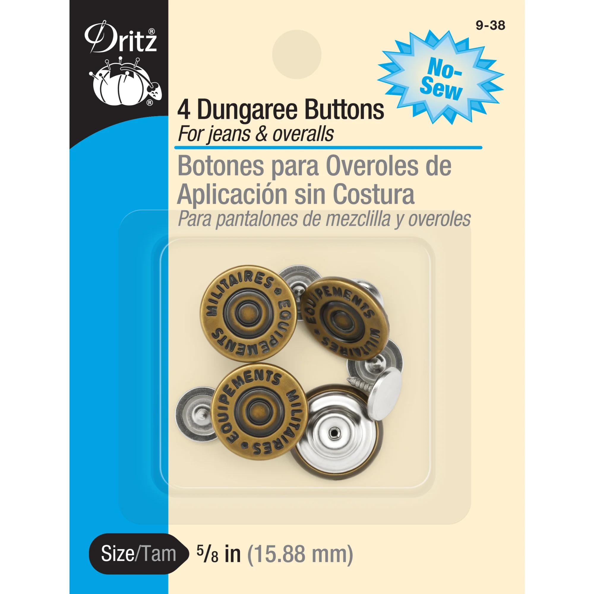 5/8" Dungaree Buttons, 4 pc, Antique brass