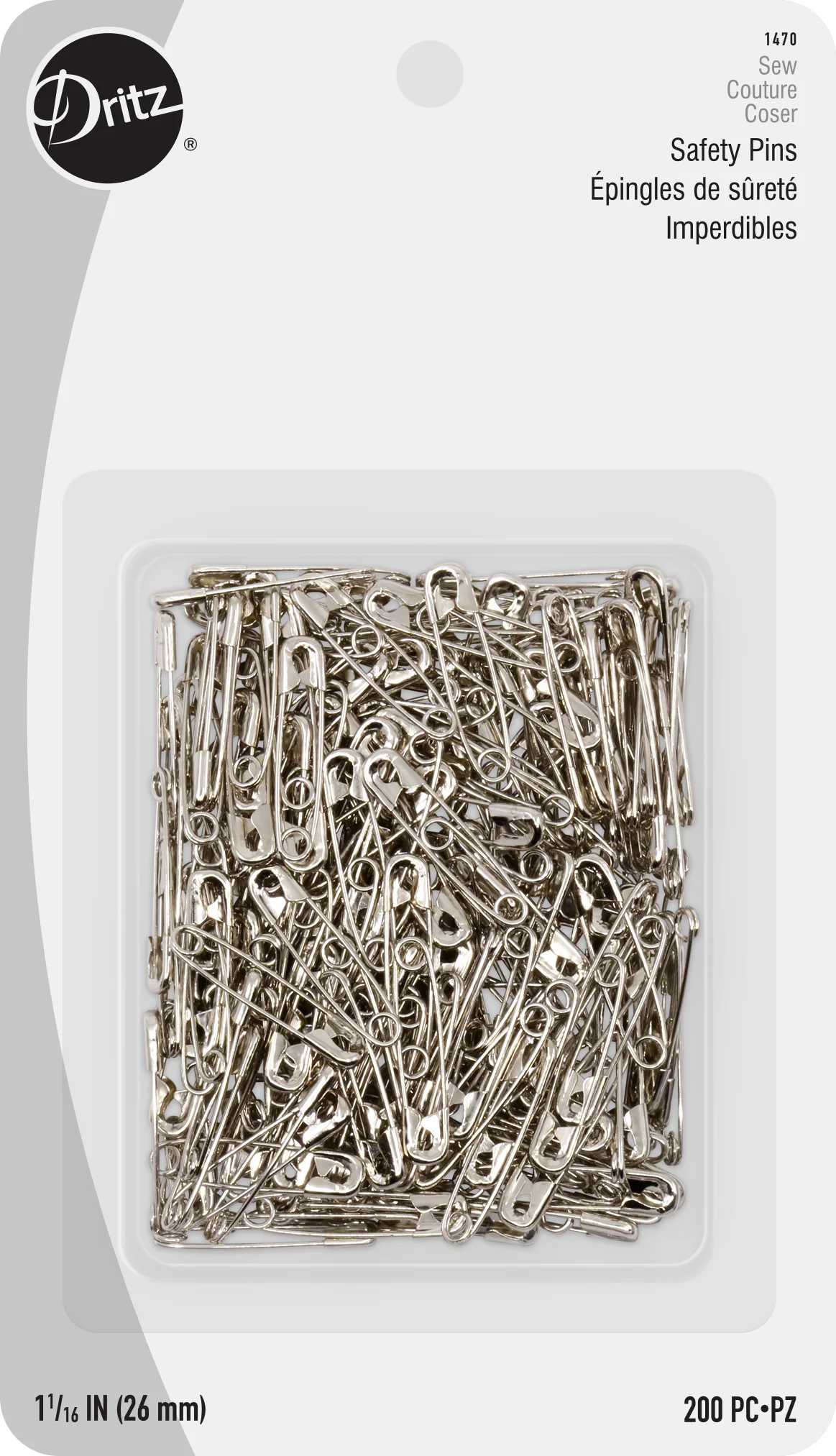 1-1/16" Safety Pins, Nickel, 200 pc