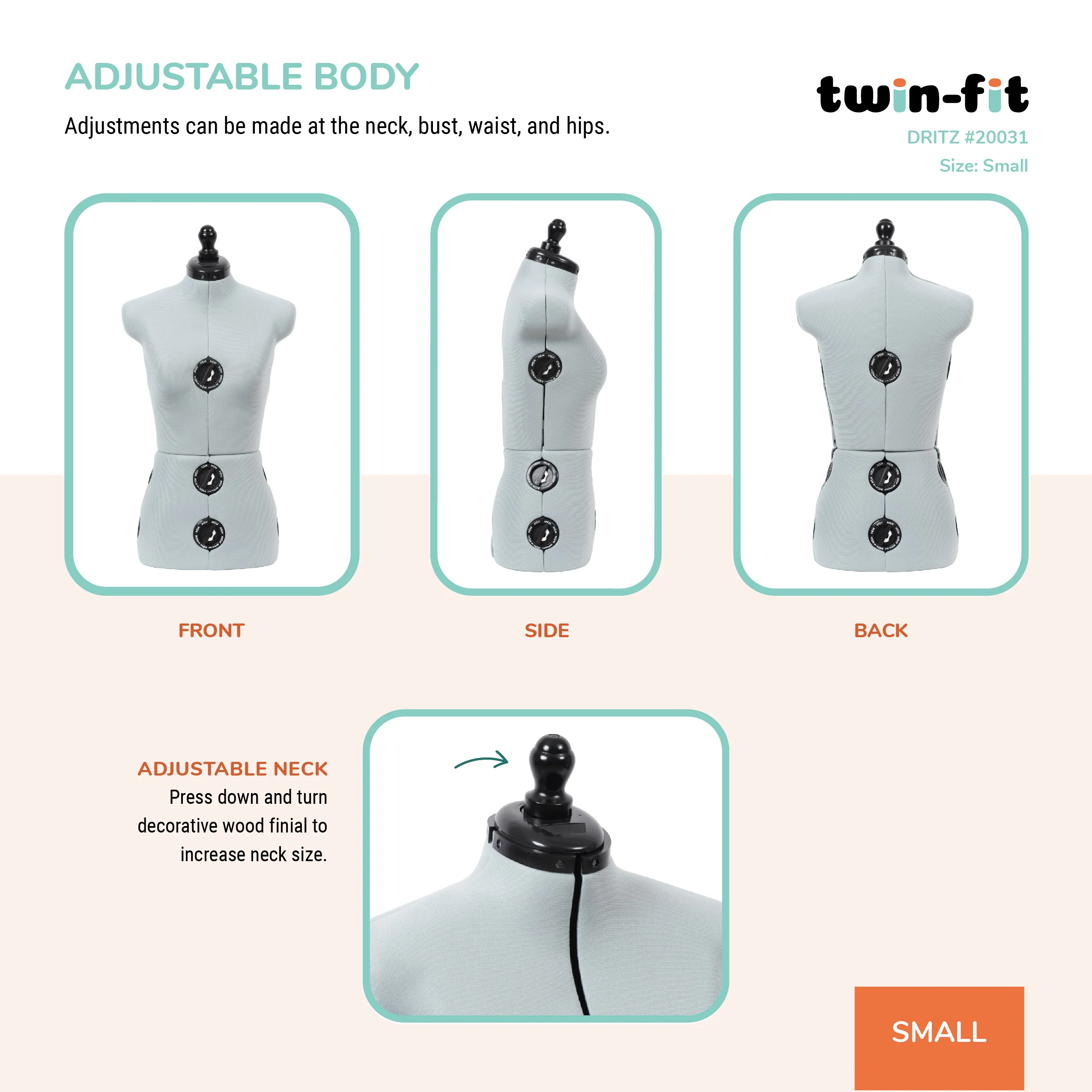 Twin-Fit Adjustable Dress Form, Small - Image 5