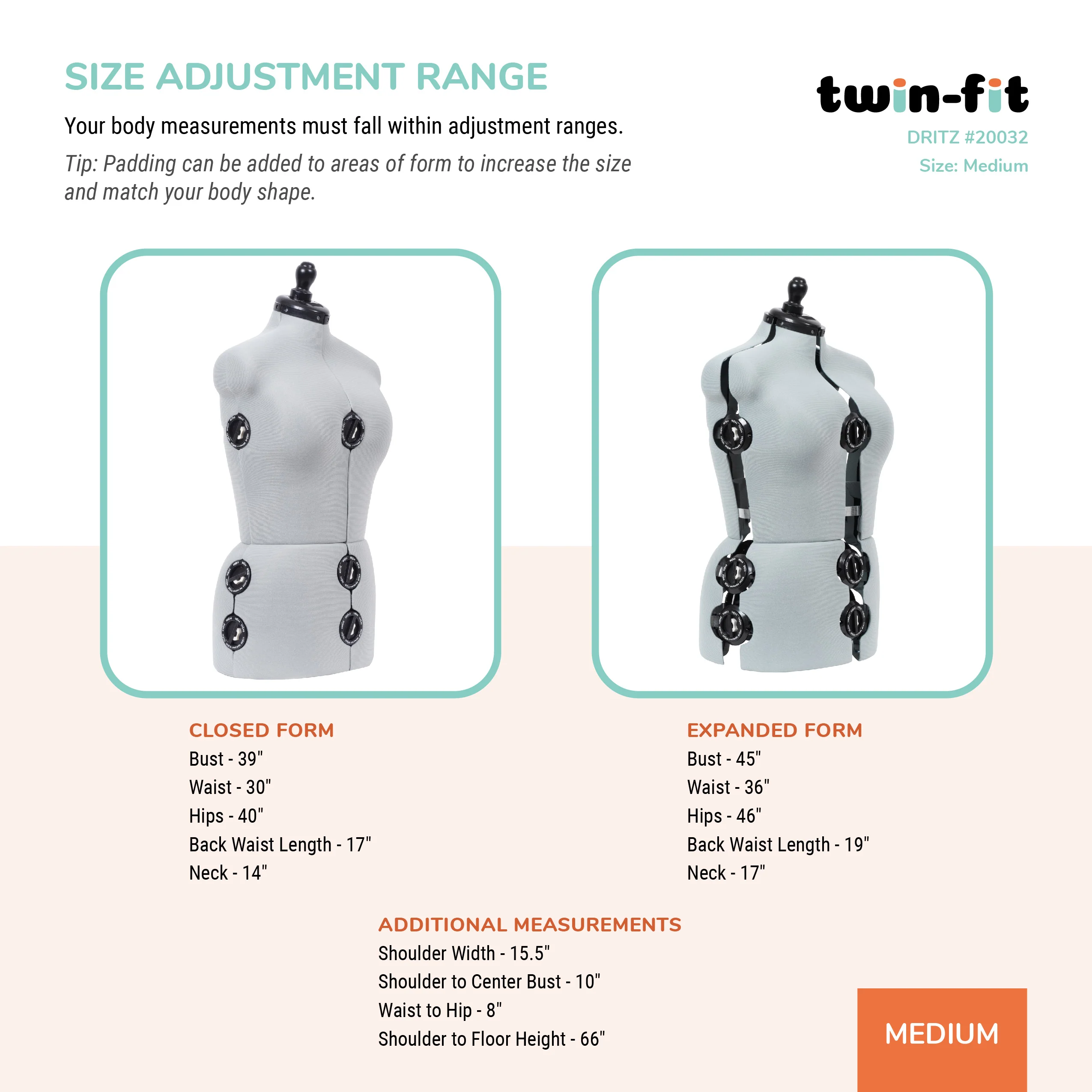 Twin-Fit Adjustable Dress Form, Medium - Image 3