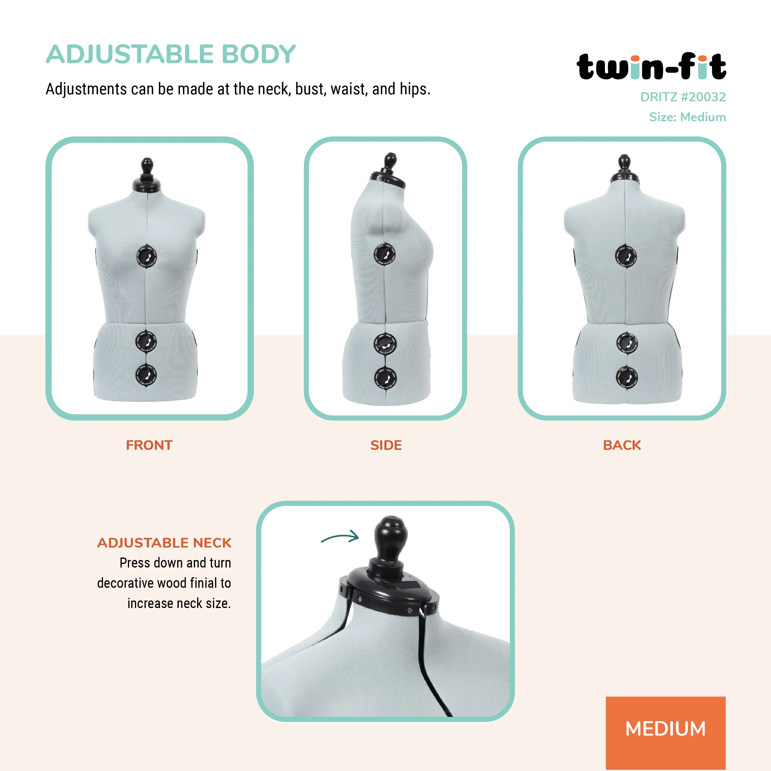 Twin-Fit Adjustable Dress Form, Medium - Image 5