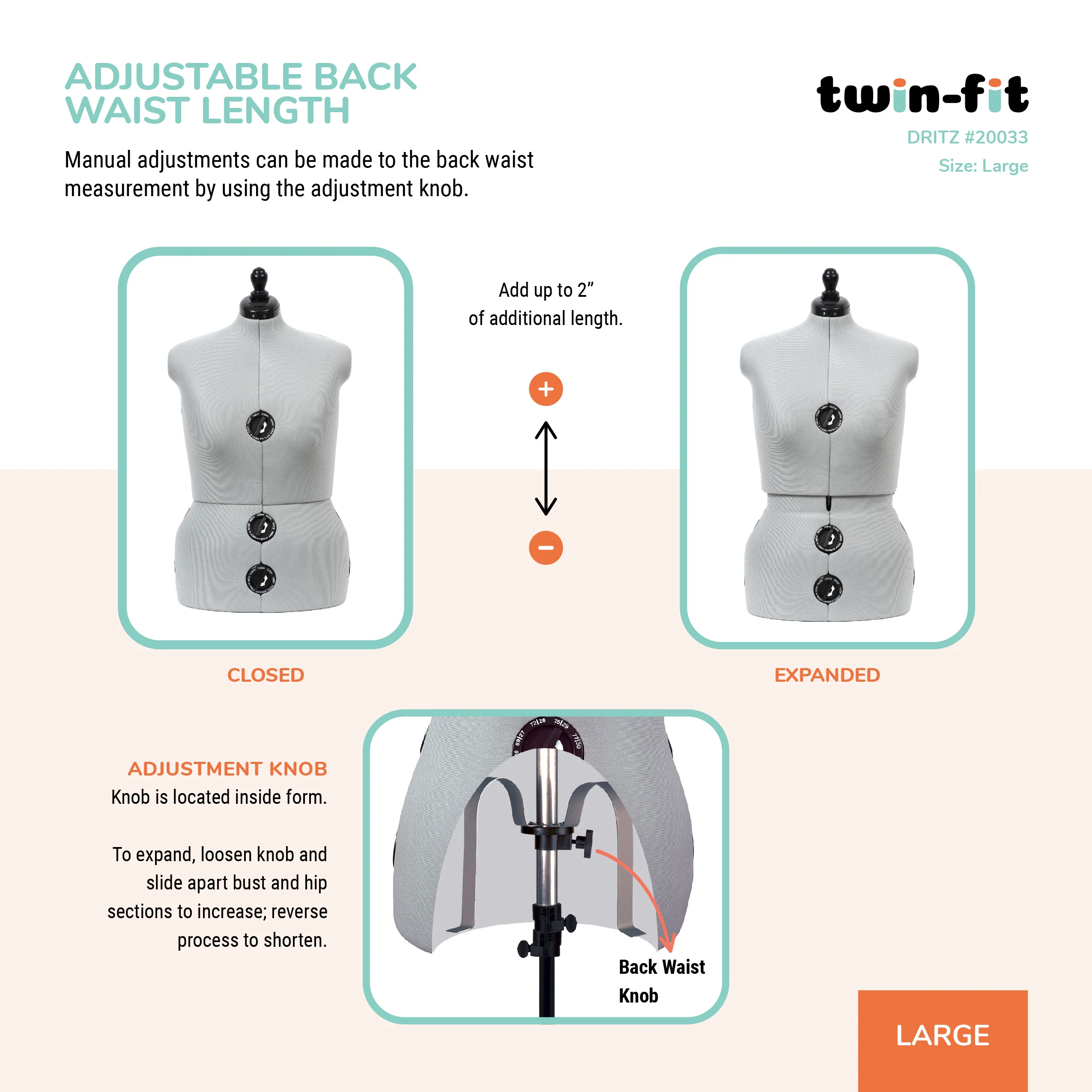 Twin-Fit Adjustable Dress Form, Large - Image 7