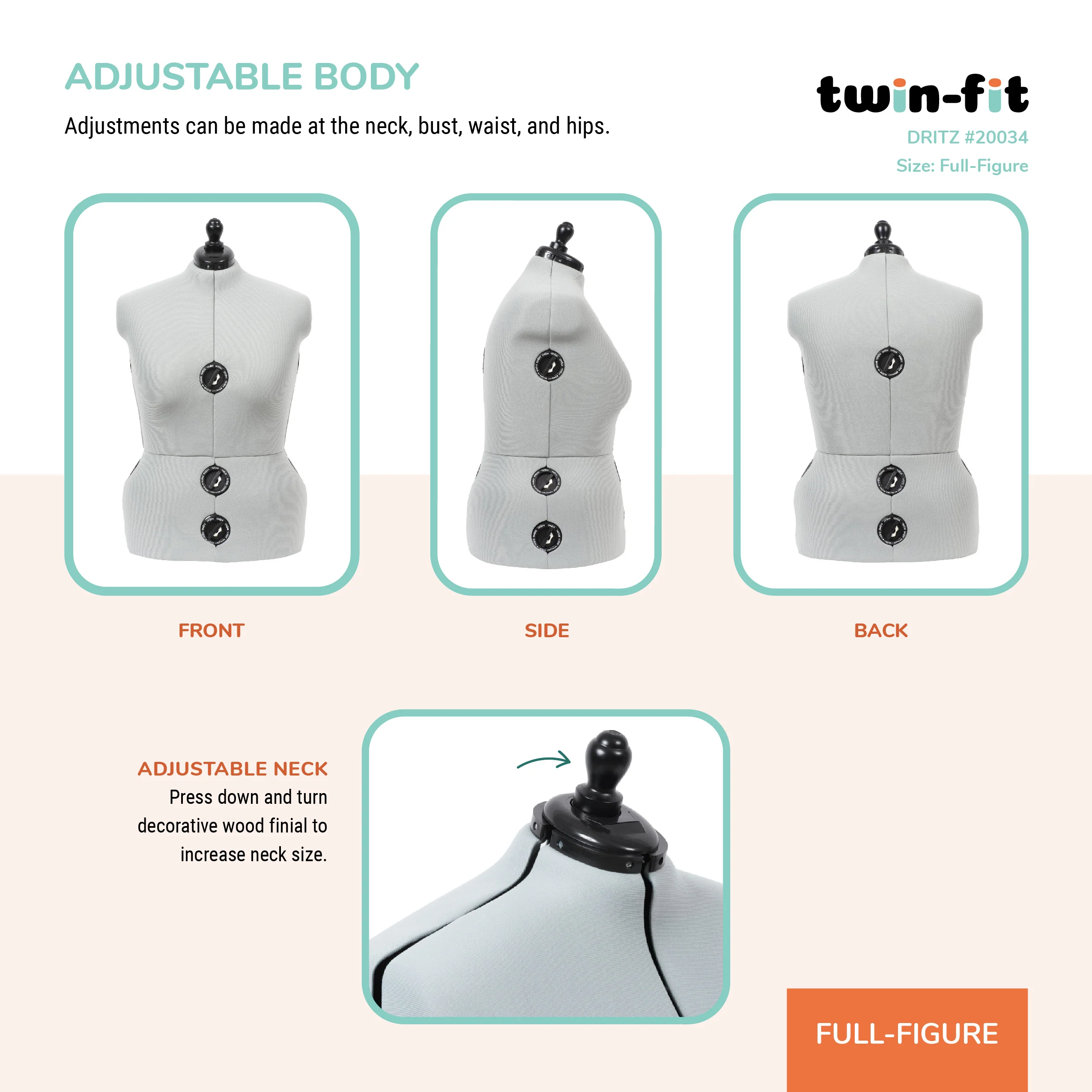 Twin-Fit Adjustable Dress Form, Full-Figure - Image 5