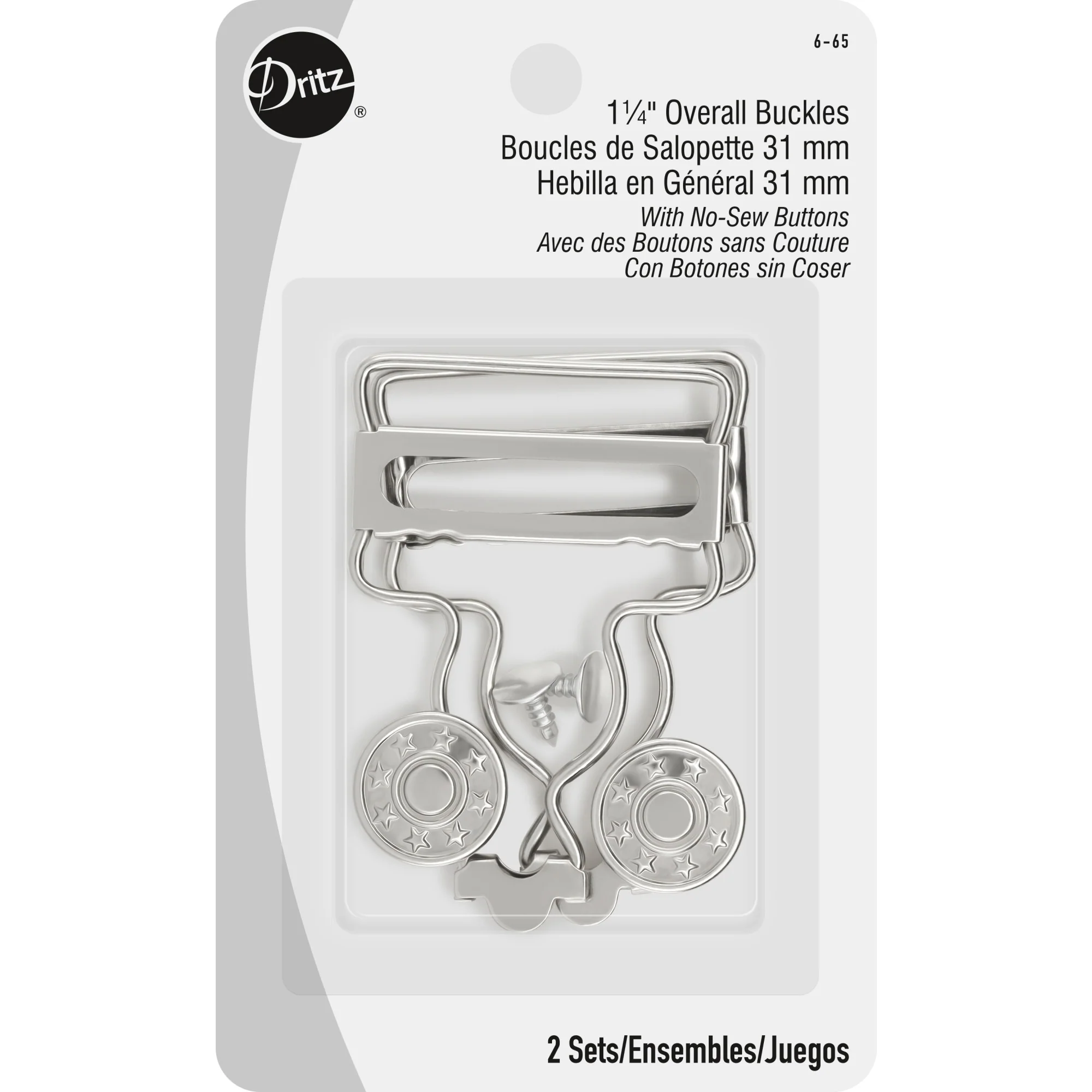1-1/4" Overall Buckles with No-Sew Buttons, Nickel, 2 pc