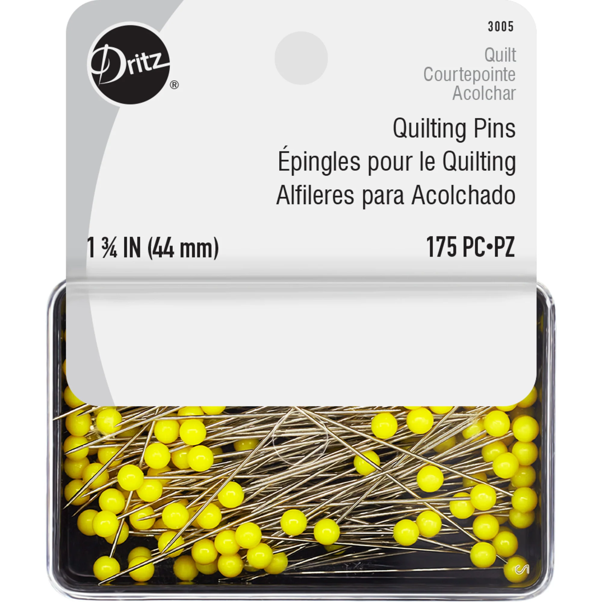 1-3/4" Quilter's Pins with Reusable Storage Box, 175 Count, Yellow, Extra-Long Steel