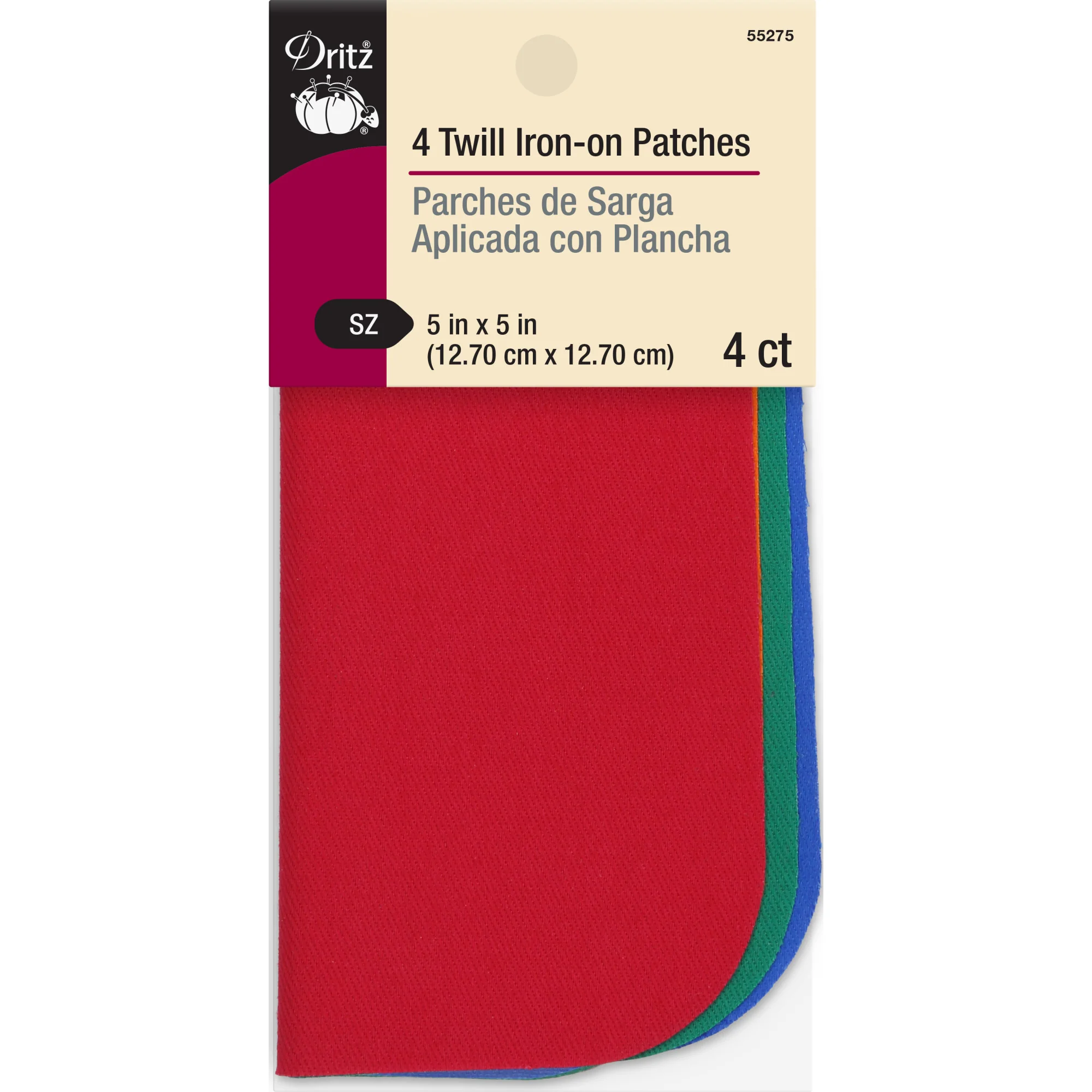 Twill Iron-On Patches, 5" x 5", 4 pc, Bright Assorted