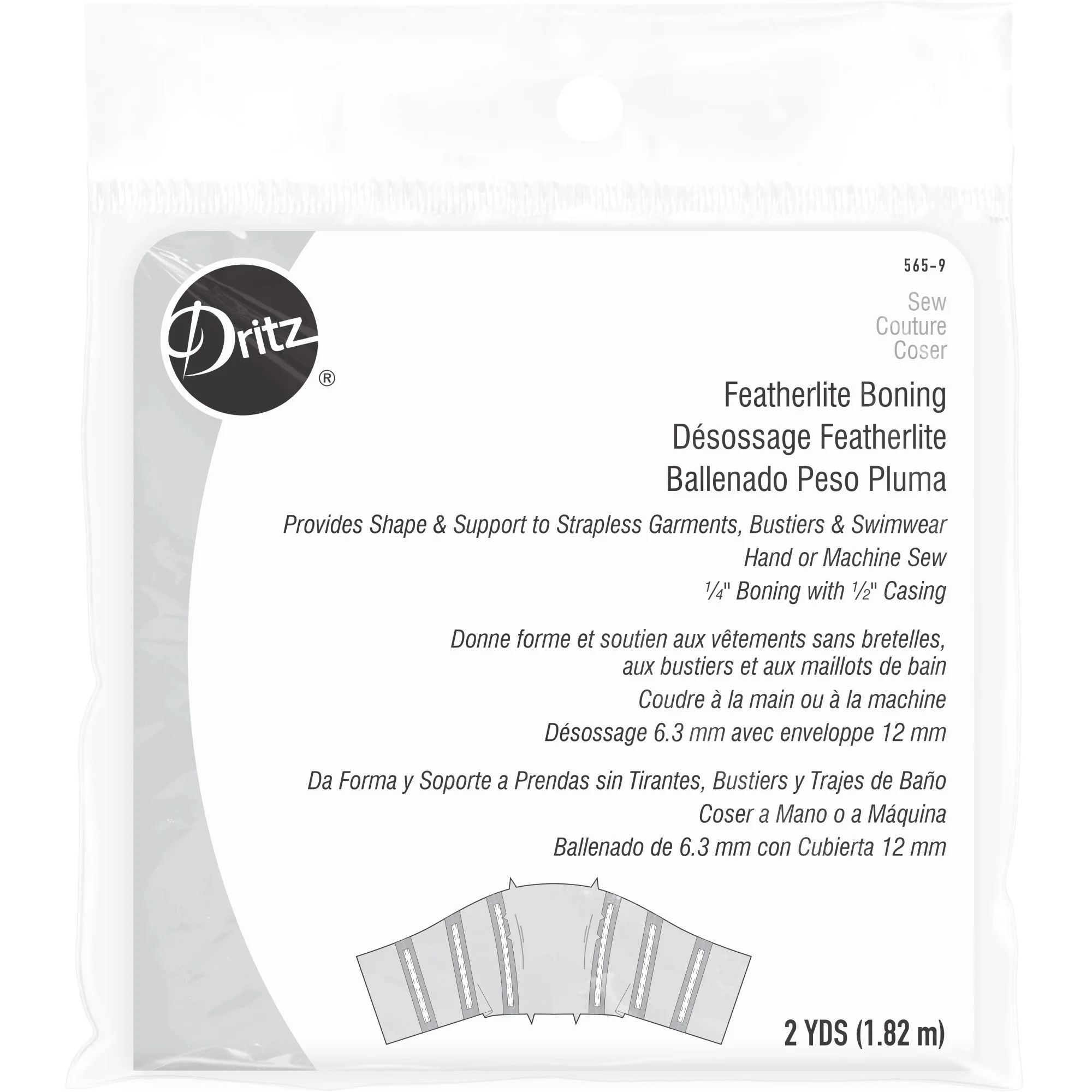 1/4" Featherlite Boning with 1/2" Casing, White, 2 yd