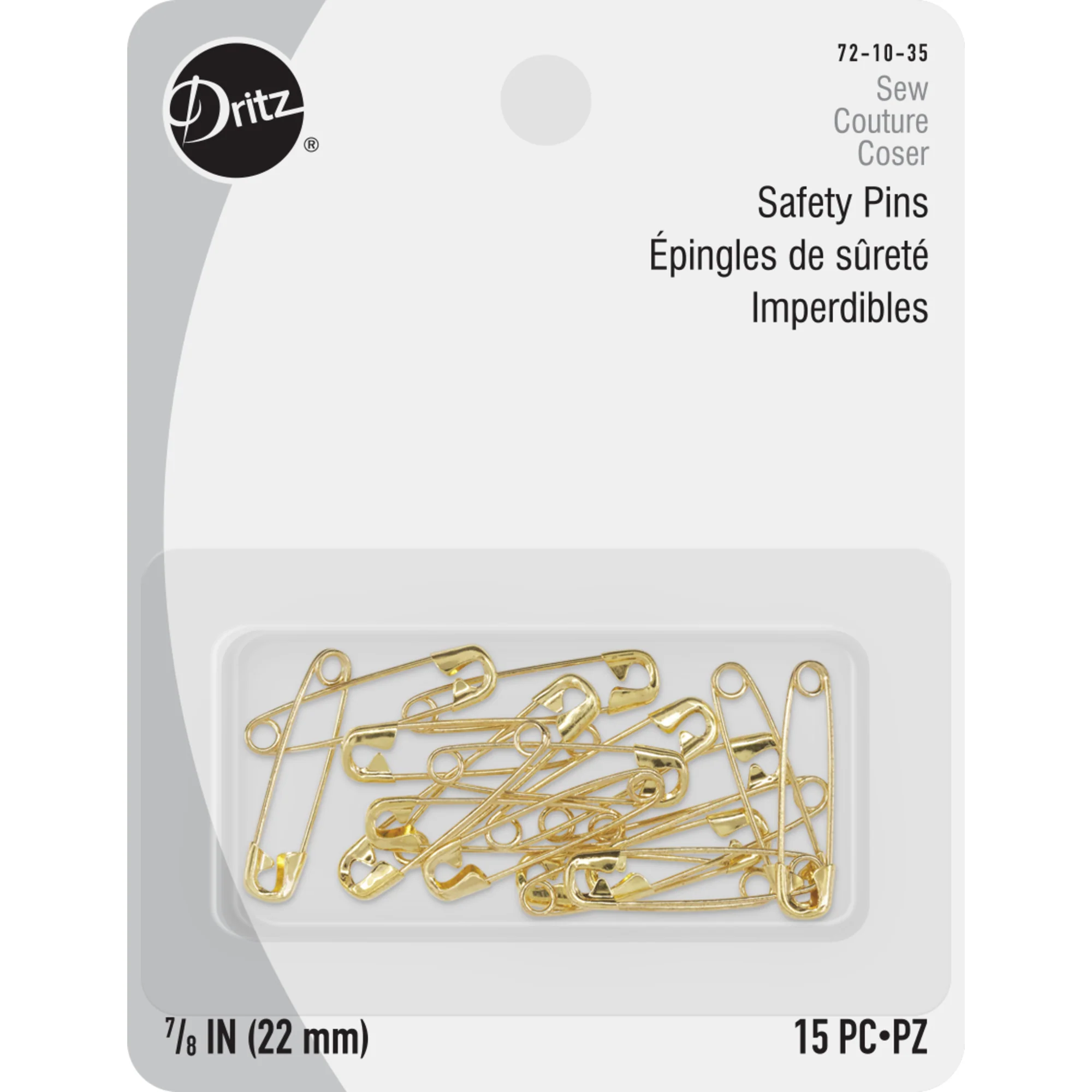 7/8" Safety Pins, Gilt, 15 pc
