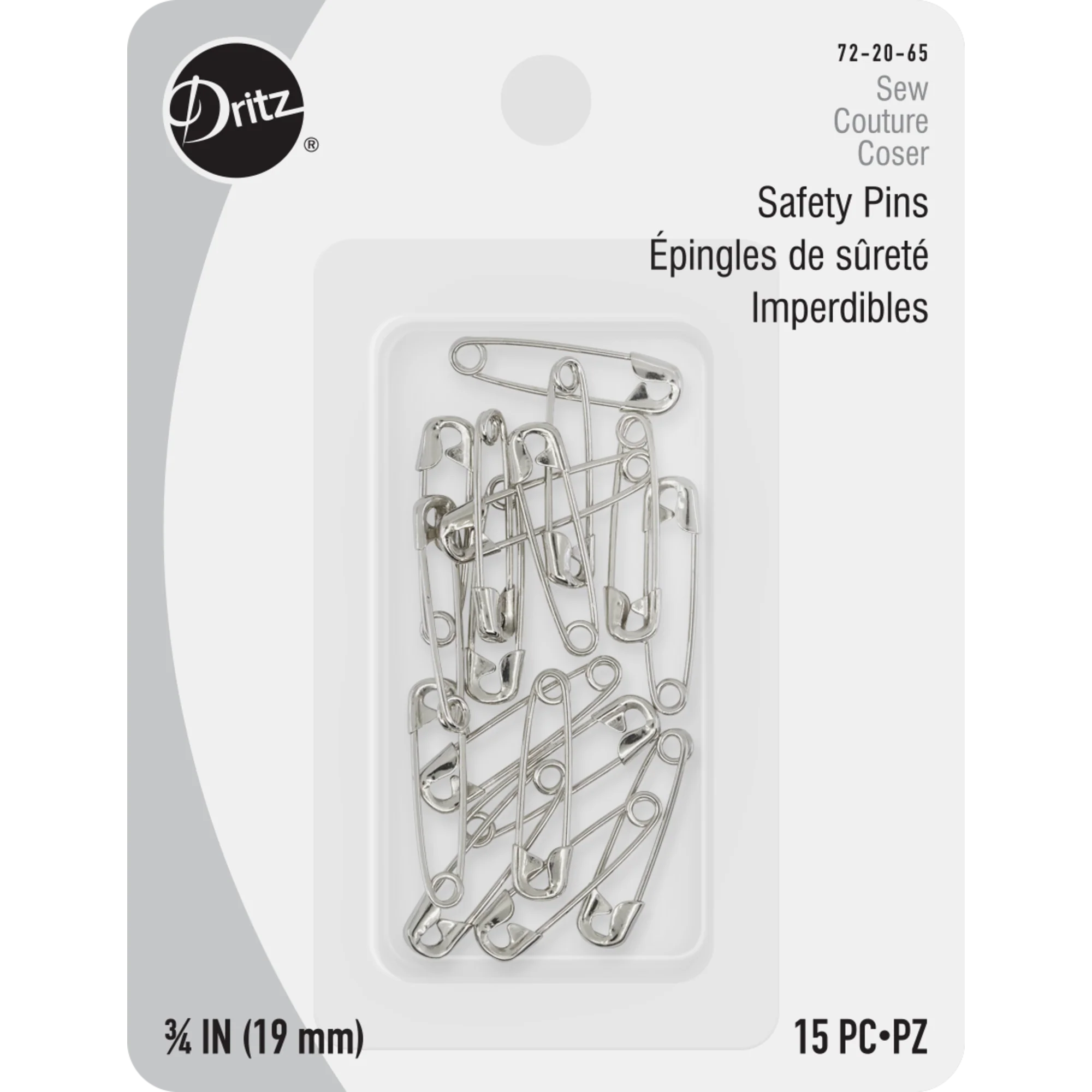 3/4" Safety Pins, Nickel, 15 pc