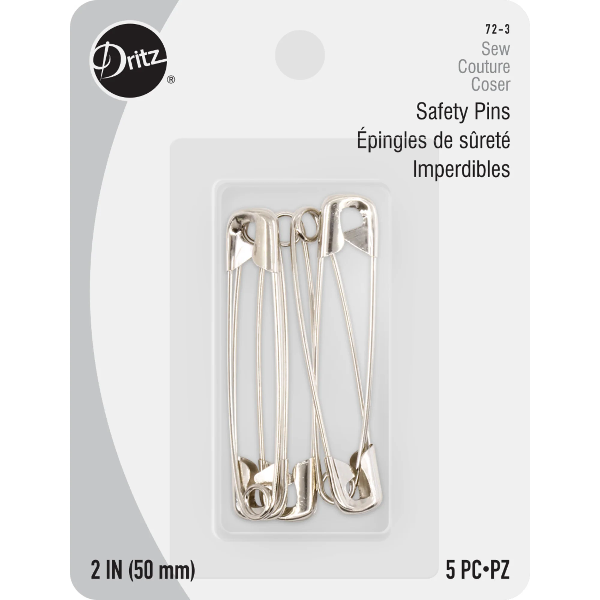 2" Safety Pins, Nickel, 5 pc