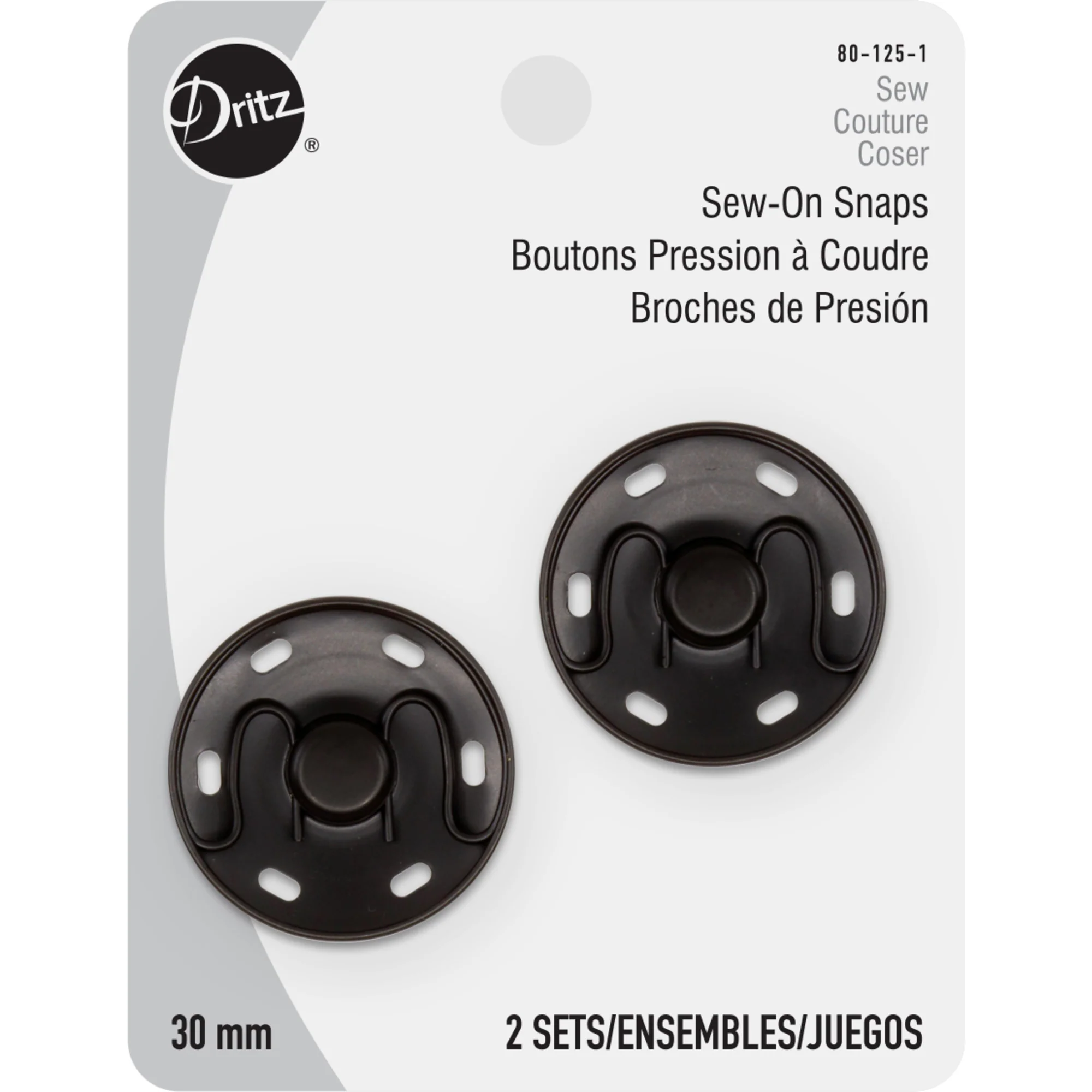 30mm Large Sew-On Snaps, 2 Sets, Black
