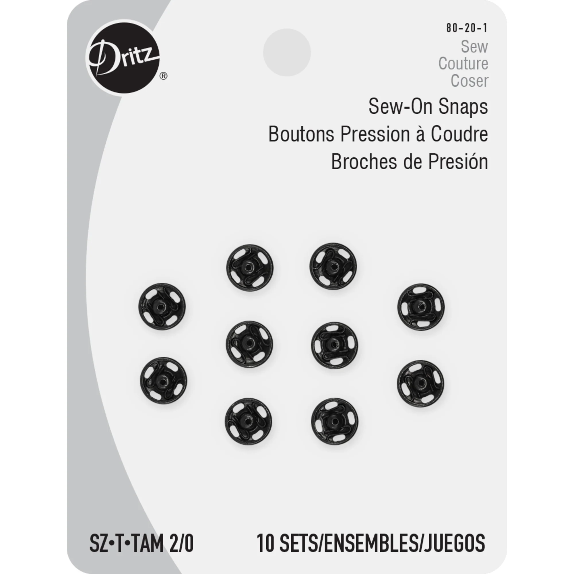 Sew-On Snaps, 10 Sets, Size 2/0, Black