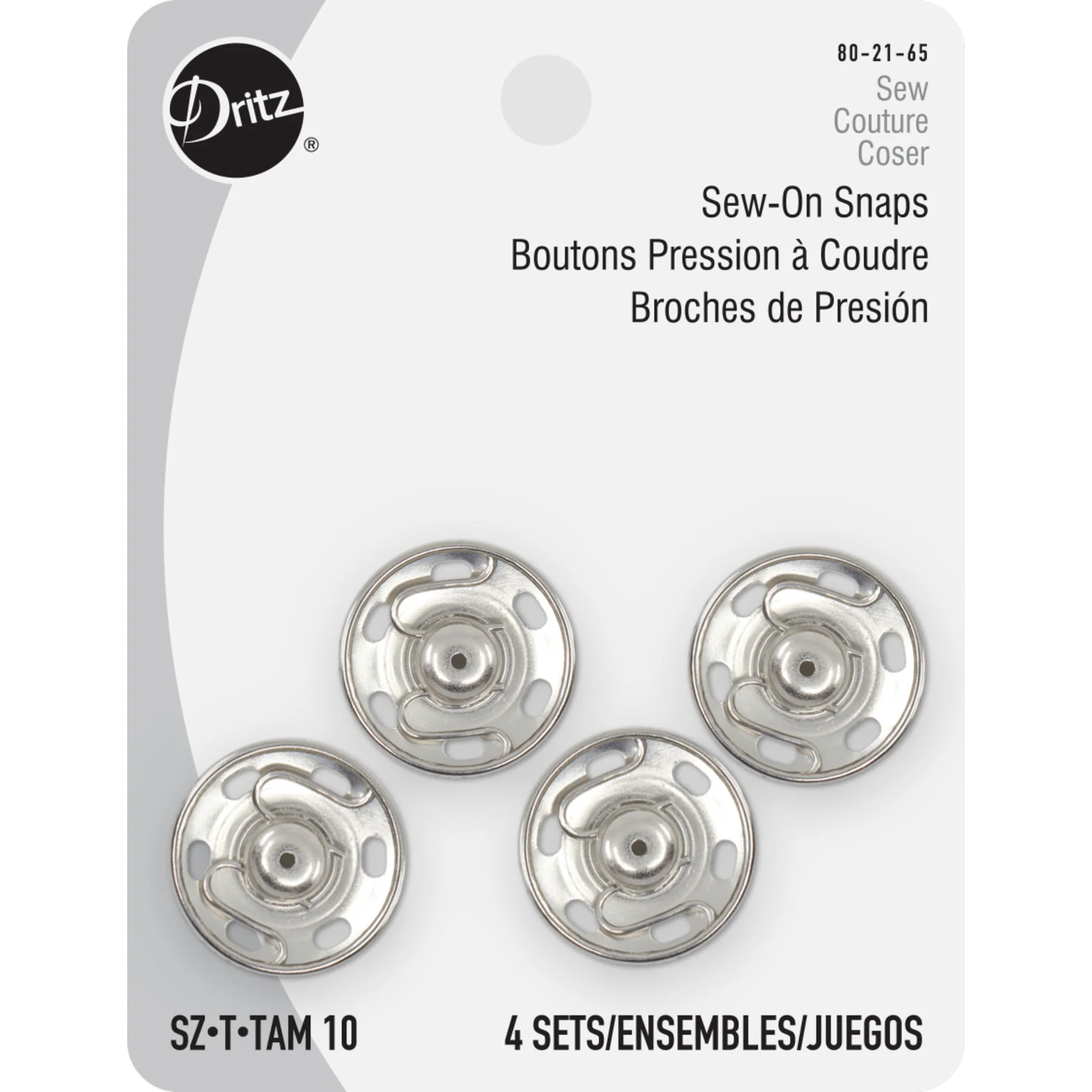 Sew-On Snaps, 4 Sets, Size 10, Nickel