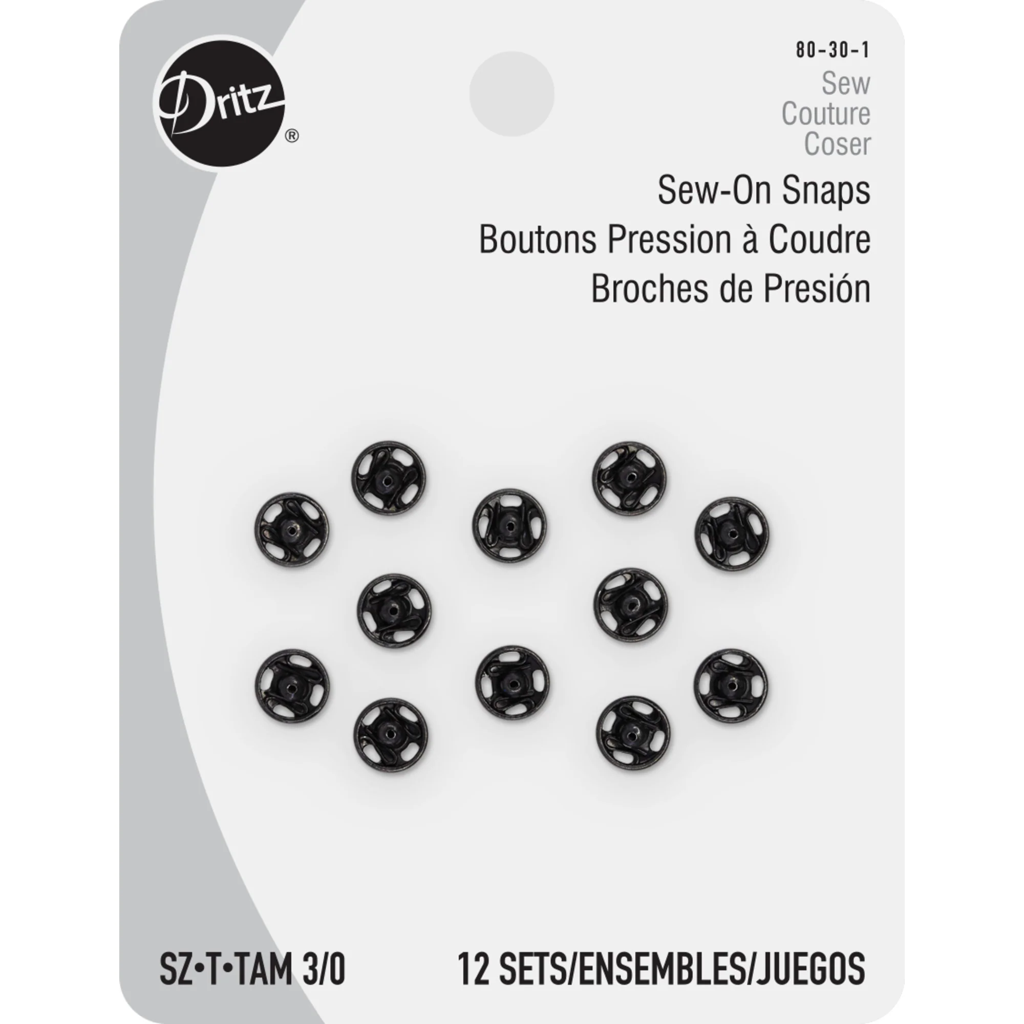 Sew-On Snaps, 12 Sets, Size 3/0, Black
