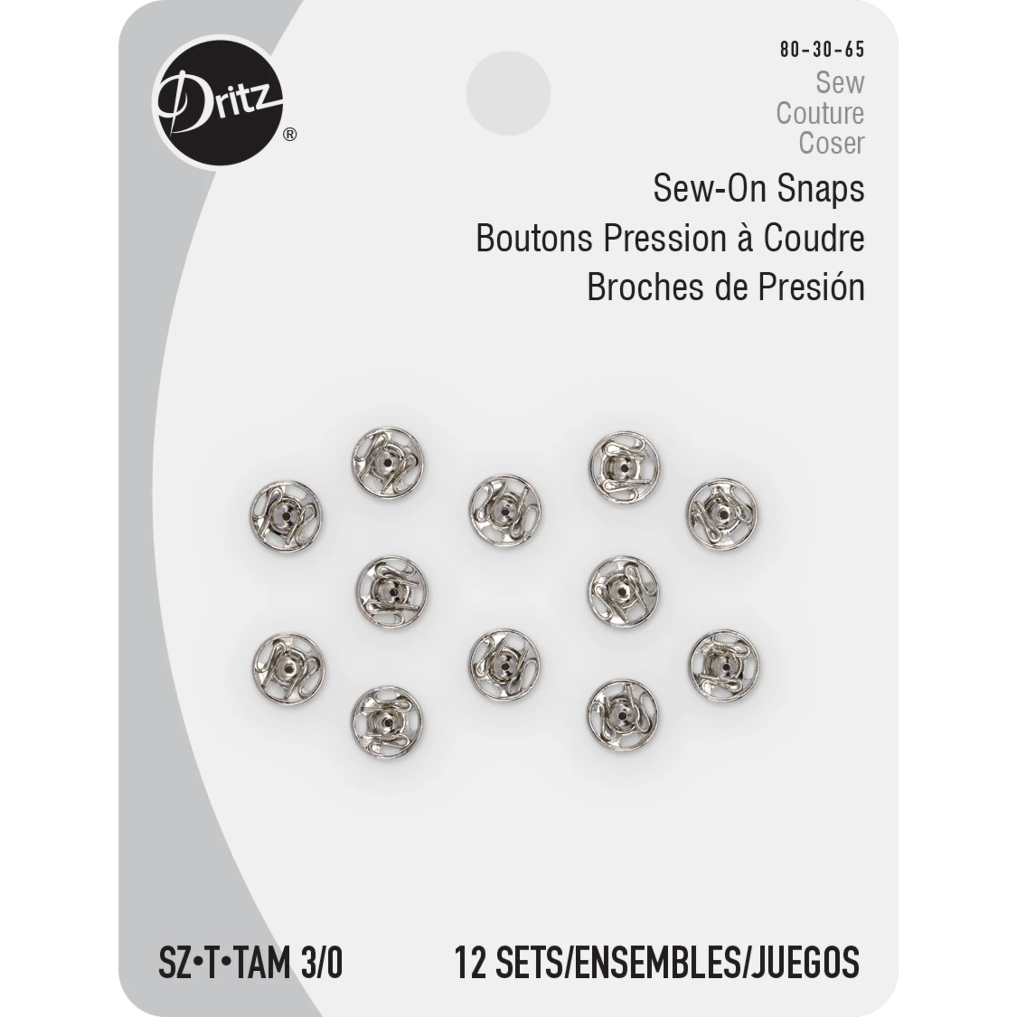 Sew-On Snaps, 12 Sets, Size 3/0, Nickel