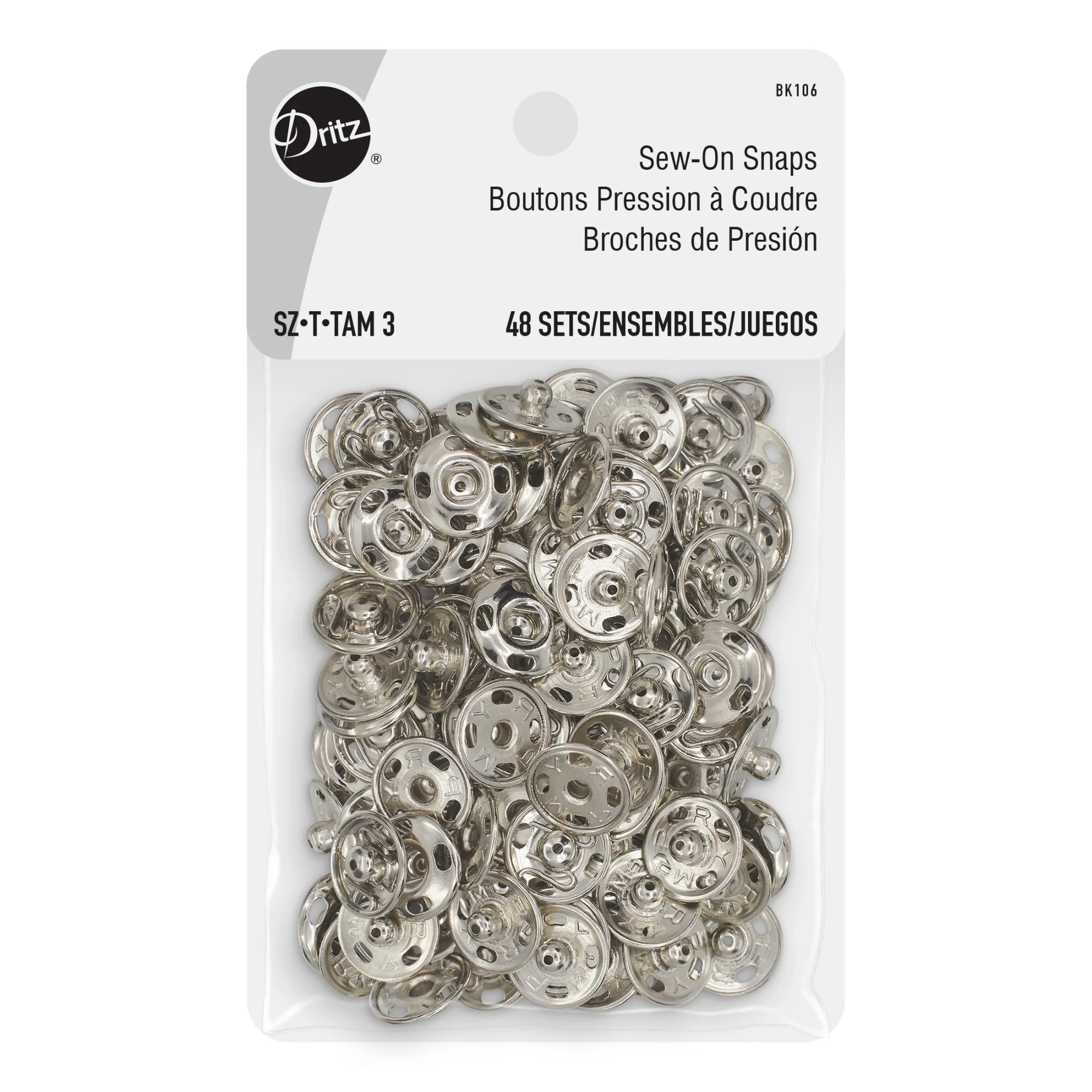 Sew-On Snaps, 48 Sets, Size 3, Nickel
