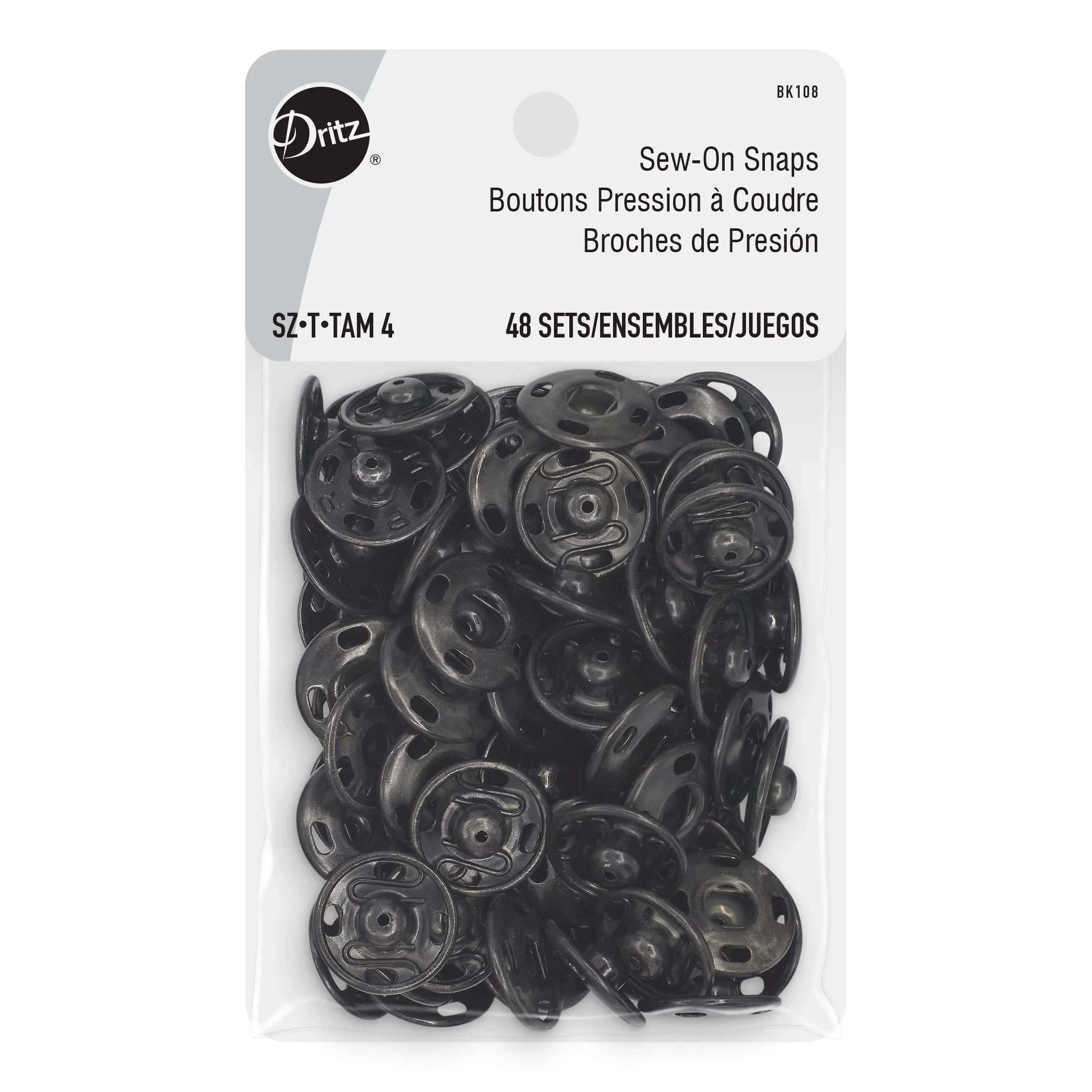 Sew-On Snaps, 48 Sets, Size 5/8", Black