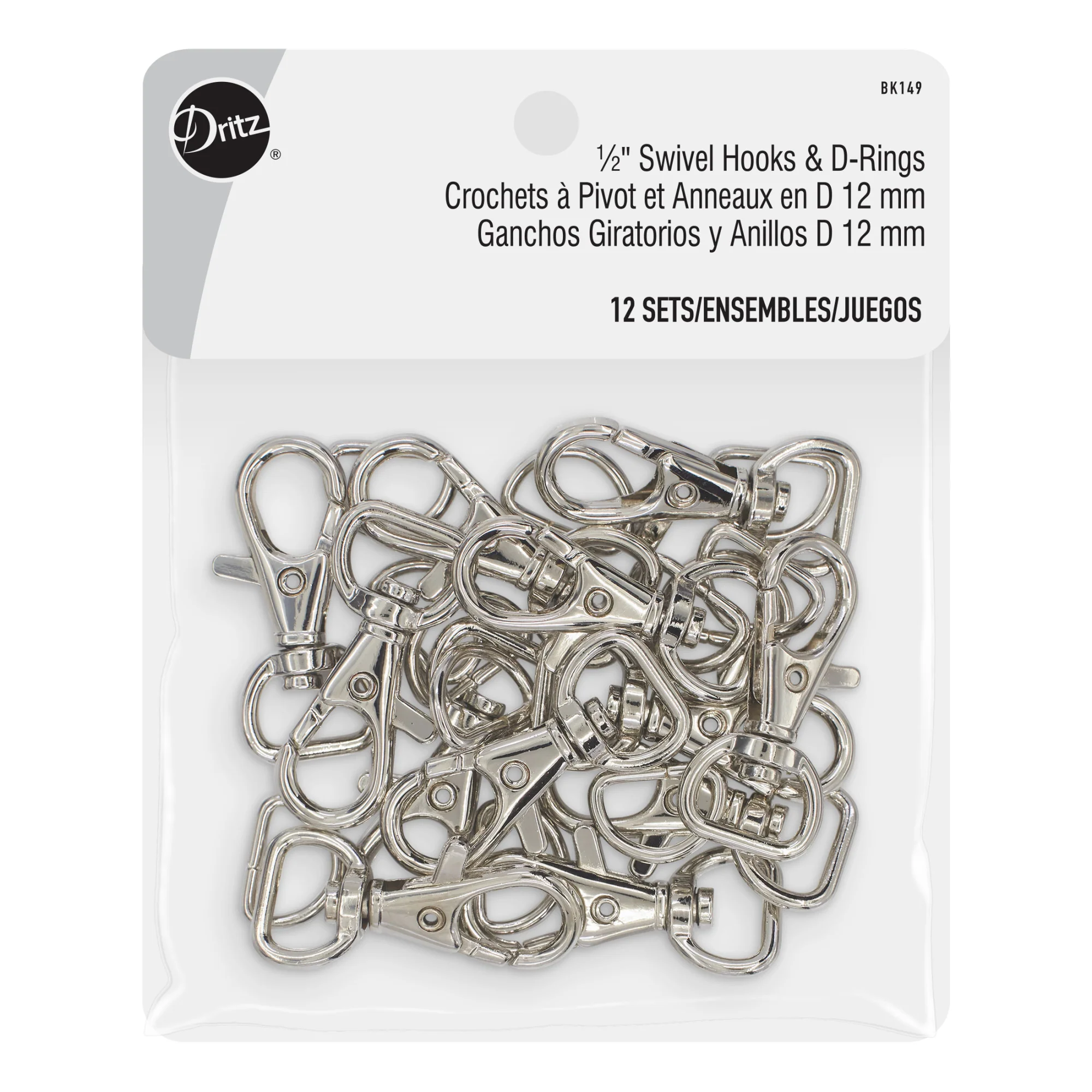 1/2" Swivel Hooks & D-Rings, Nickel, 12 Sets