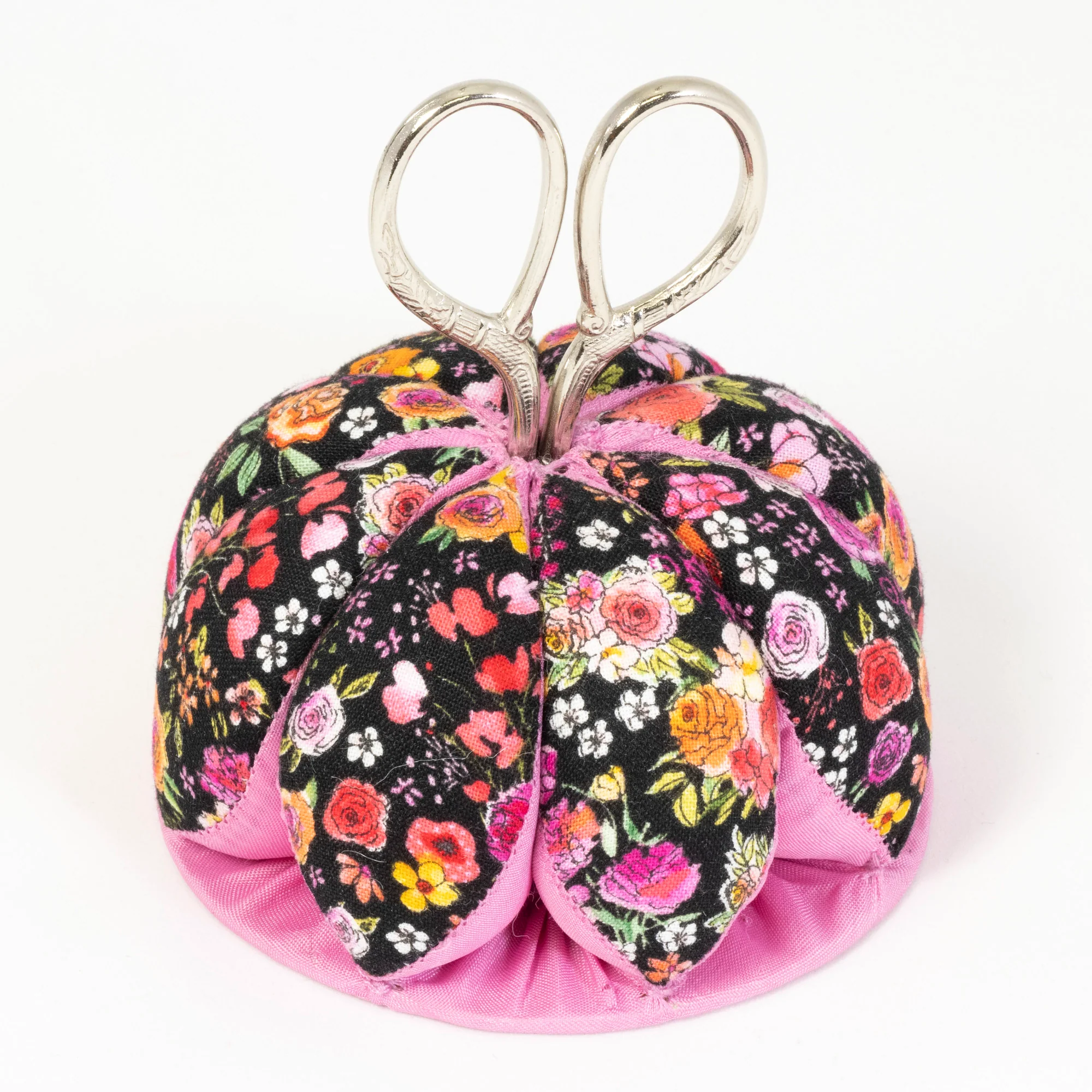 Pin Cushion with Scissors, Black Floral