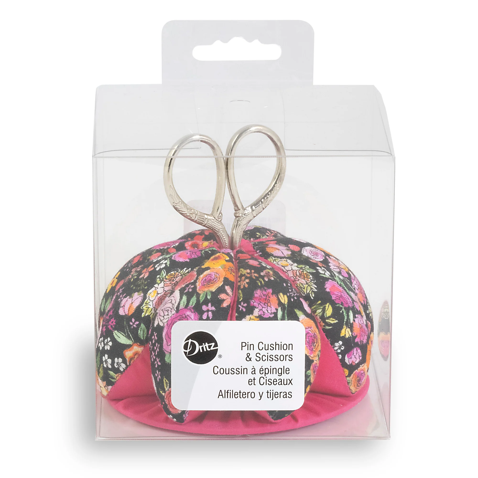 Pin Cushion with Scissors, Black Floral - Image 2