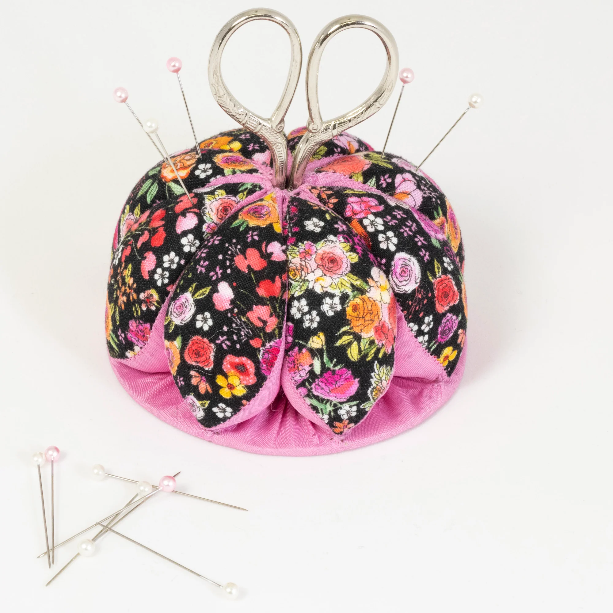 Pin Cushion with Scissors, Black Floral - Image 4