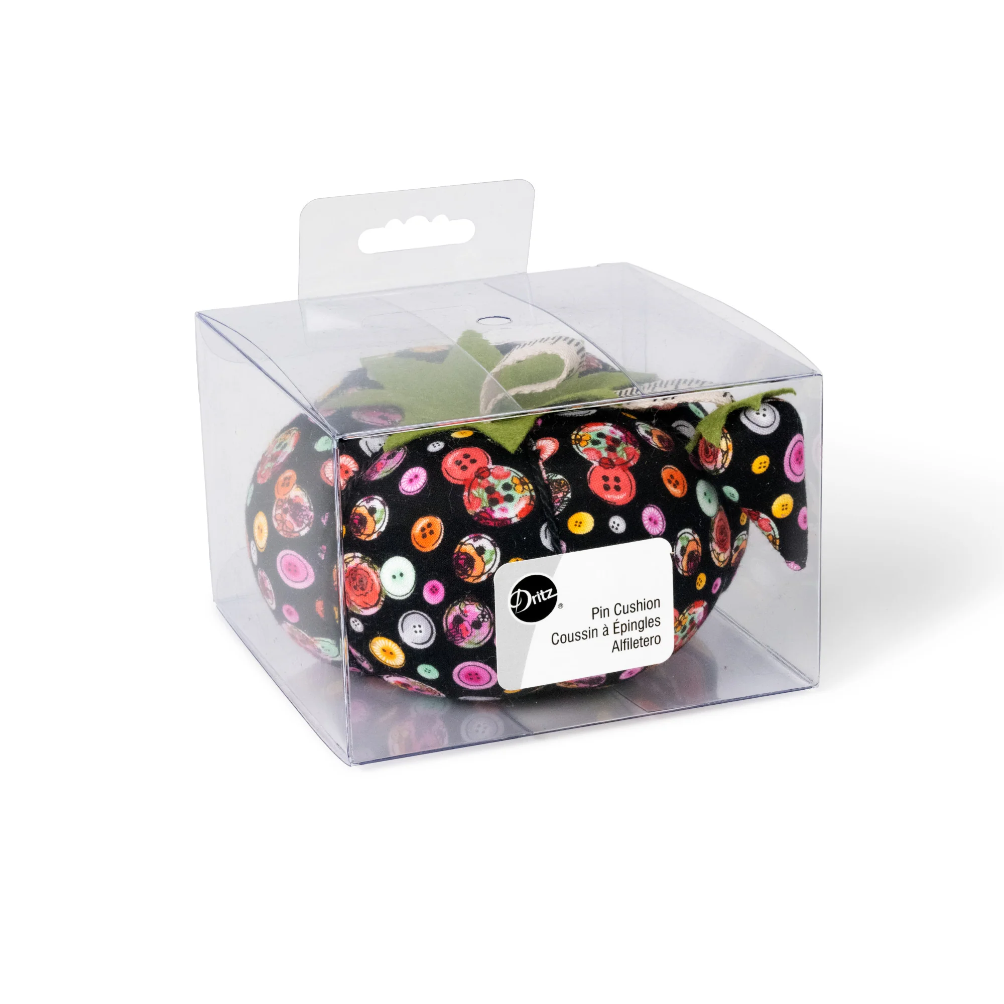 4" Tomato Pin Cushion, Black Button Print - Image 2